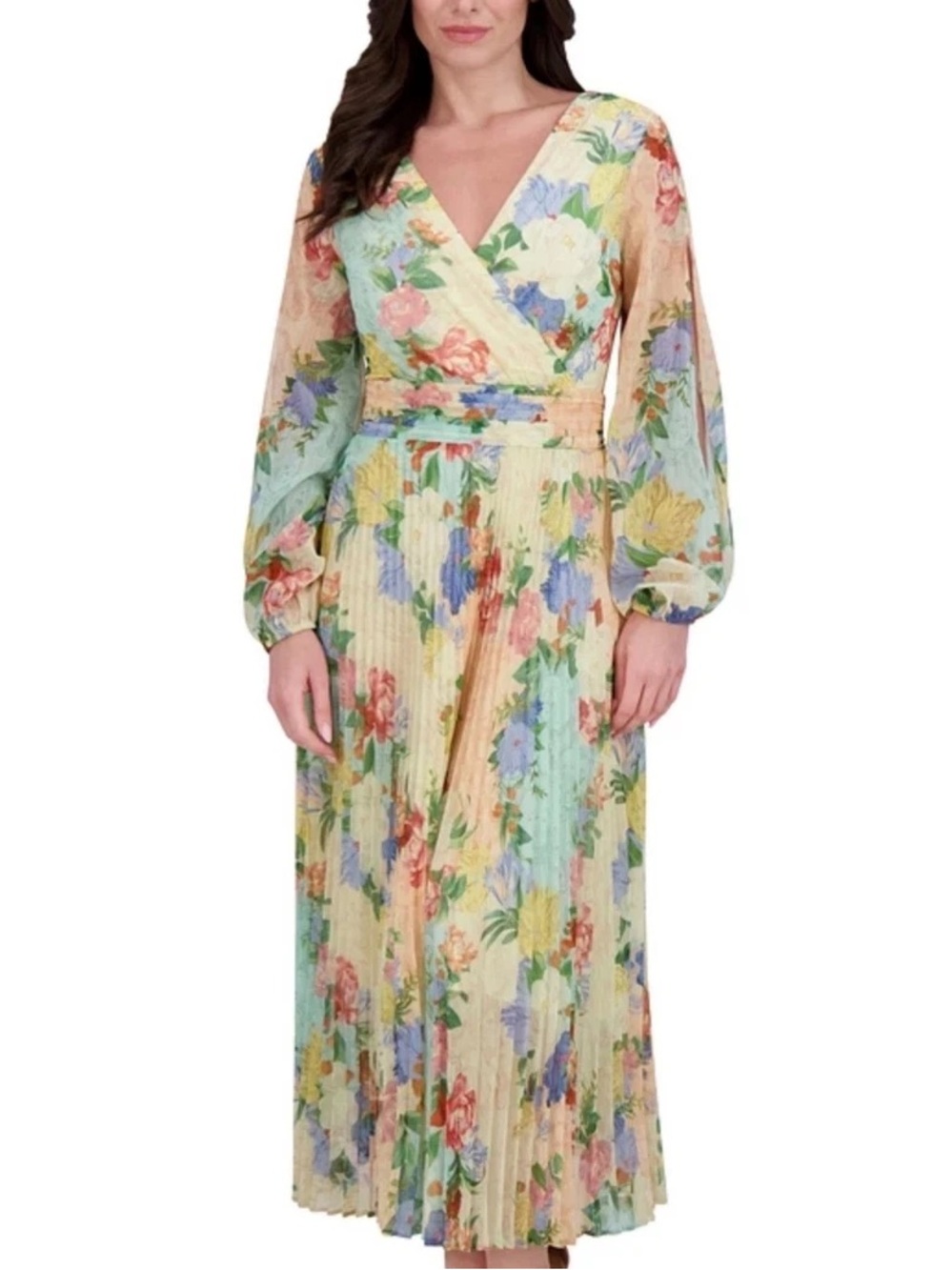 Siena Studio Floral V-Neck Pleated Maxi Dress - Pastel Multi